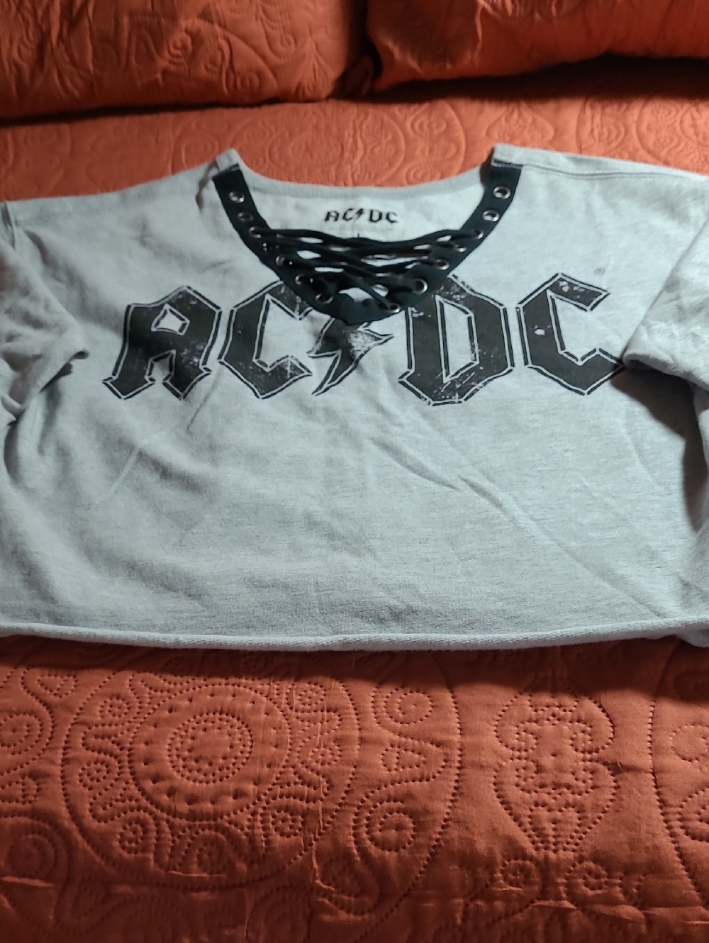 AC/DC Light Gray Lace-Up Women"s Band Tee with Black Logo